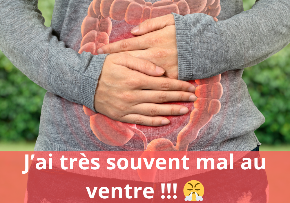 Ventre avec mains posées dessus et représentation en transparence de l'intestin, évoquant le syndrome de l'intestin irritable